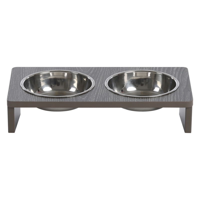 JV MOLLY Dubbele Voerbak met houten Standaard Grijs-2x380ml