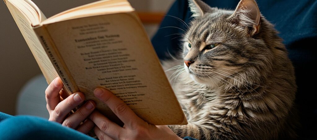 Kat die samen met een persoon op schoot naar een open boek kijkt.